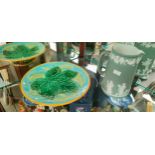 Wedgwood green Japer ware water jug together with a George Jones 1860-70 Minton leaf design