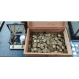 Cigar box filled with Three pence coins and small box of collectable coins