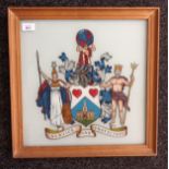 Antique Hand painted early coat of arms titled service and protection within a fitted frame.