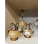 Antique three piece vase set oriental style; onyx, brass and Champleve enamel.