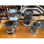 Antique Pewter and silver plate items; English Pewter pitcher with lid, Pewter tankard fitted with