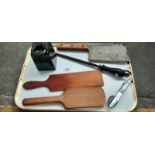 Tray of collectables; 14lbs weight, The Smithfield meat clever and sharpening tool etc