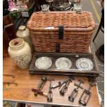 Selection of odds; Wicker picnic basket, Oriental plated framed with attached hooks, Various