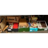 A Large selection of sewing items; sewing baskets, wicker basket, threads, Chatsworth easel/ storage