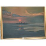 Mid century oil on board depicting sun setting, signed Yule, Fitted within a gilt frame.