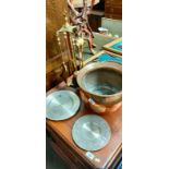 Copper hammered plant pot, Pewter dishes and brass companion set