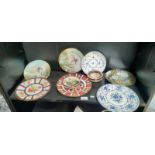 A Shelf of collectables; Royal Crown Derby Imari plate, Pair of Japanese Kutani ware hand painted