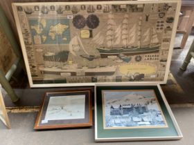 Large framed Mariner's Chart poster and two other artworks