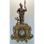 19th century French mantel clock; Metal centurion figure to the top, gilt painted body and enamel