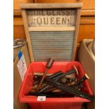 Box of flutes and chanters, together with a vintage clothes washboard.