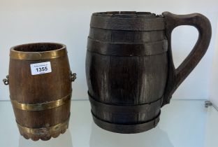 Large 18th/ 19th century barrel and metal bound beer stein, together with a 19th/ early 20th century