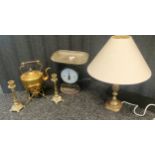 Vintage brass spirit kettle, Pair of ornate candle sticks, Brass table lamp and Vintage Salters