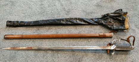 Antique Royal Artillery cavalry sword, scabbard and travel protective bag. No.5 Company R.G.A.