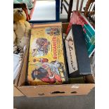 Crate of vintage board games; Buccaneer, cluedo?, The Royal Game of Billiard Bowl's, Monopoly and