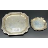 Two Sheffield silver dishes; Small ornate trimmed card tray and smaller ring tray. [208.42grams]