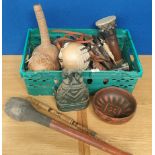 Box of Tribal instruments and tribal items; figures and lidded carved pot