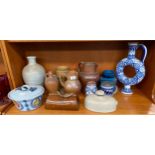 Shelf of collectable pottery and stoneware; Italian Blue glaze vase, Salt glaze stoneware