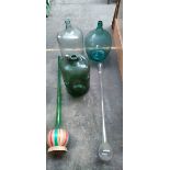 Three large antique/ vintage demi johns, glass yard o ale and bottle with long neck