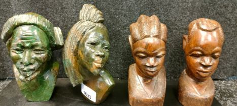 A Pair of African Hardstone busts 'Farai & Moses' together with two wooden carved busts.