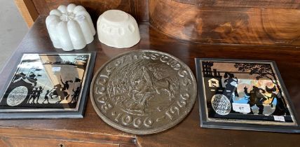 Various plaques and jelly moulds; Shakespeare Mirror wall plaques, Battle of Hastings plaque and two