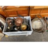 Crate of copper, brass and pewter items; Two jelly pans, Copper tea pot, antique pewter measures and