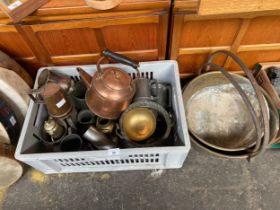 Crate of copper, brass and pewter items; Two jelly pans, Copper tea pot, antique pewter measures and