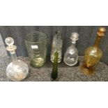 Selection of antique and vintage glass; Possible white Friars green rippled effect vase, Amber