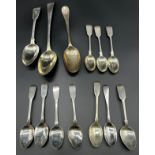 A Collection of mixed silver spoons; Georgian London Desert spoon, Georgian London serving spoon,