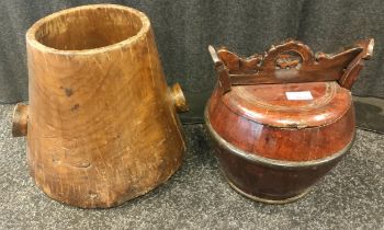 Antique Chinese Wooden carved water carrier together with a Chinese wooden and metal bound wedding