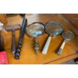 A mixed lot to include Three ornate handle magnifying glasses, gavel and truncheon