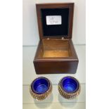 A Pair of E.P Golf ball design condiment pots with blue liners present.