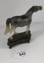 Antique Chinese carved jade horse sculpture sat upon a carved wooden base. [10x12x3cm]