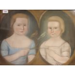Early 19th Century oil and pastel on canvas depicting two young girls holding a branch with birds