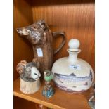 Contemporary animal shaped jugs and decanter; also includes bird perched figurine.