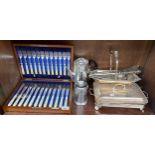 Shelf of silver plated items; canteen of cutlery, serving tureen and various other items