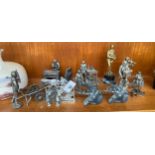 Selection of Pewter and silver plated figurines; Rabbie Burns figurine, pair of stag handles, and