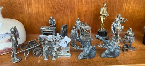 Selection of Pewter and silver plated figurines; Rabbie Burns figurine, pair of stag handles, and