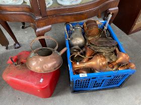Crate of brass and copper wares and petrol can.