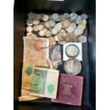 Selection of mixed world coins and banknotes; 1951 crown, Silver Dunbartonshire Agricultural society
