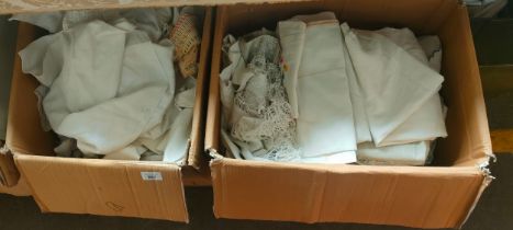 Two boxes full of antique and vintage linen