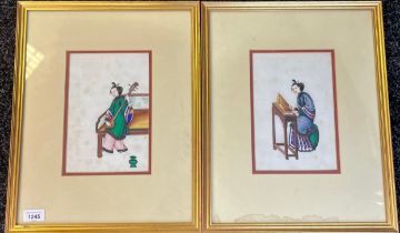 A Set of two 19th century Chinese pith paintings of lady musicians. [Art work-22.5x15cm]