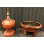 Burmese Cinnabar Palembang Lacquer Temple offering bowl and lid. Together with a Chinese red
