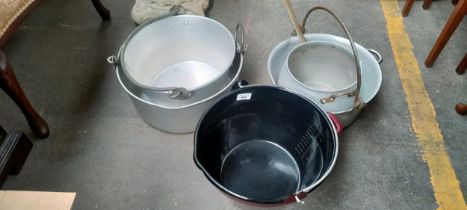 Selection of jelly pans, aluminium cooking pot with brass handle