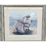 Limited edition print depicting lady seated and reading. Signed by the artist. Waterproof mark and