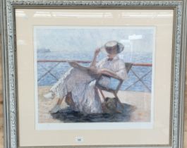 Limited edition print depicting lady seated and reading. Signed by the artist. Waterproof mark and