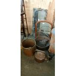 Two mirrors, copper and brass swing handle coal bucket, Copper kettle, smelting pot, cast iron