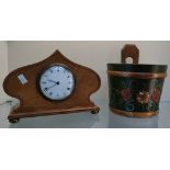 Art Nouveau oak cased French mantel clock and a Barge ware hand painted salt pot.