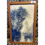 19th century porcelain blue and white hand painted framed plaque- depicts tree and river scene