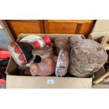 Box of drums; Mexico Aztec terra cotta and hide drums.