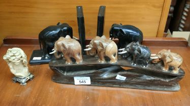 Ebony and teak heard of elephant figure, Elephant bookends and Chinese highly detailed soapstone